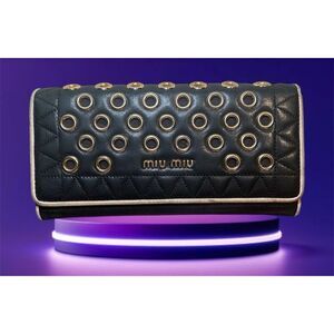 Miu Miu Leather Long Wallet Deep Navy Gold Grommet Studded Edgy Biker Alt Grunge